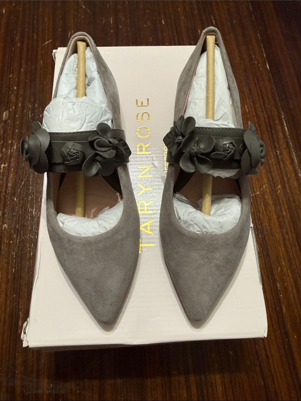 Taryn Rose Feliciana Pointed Toe Flower Strap Flats  Suede Cinder 5.5 NIB
